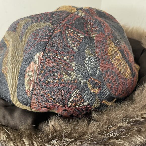 VTG 90s Von Henneberg Silk Brocade Tapestry Fur Lined Hat Artsy Handmade S/M